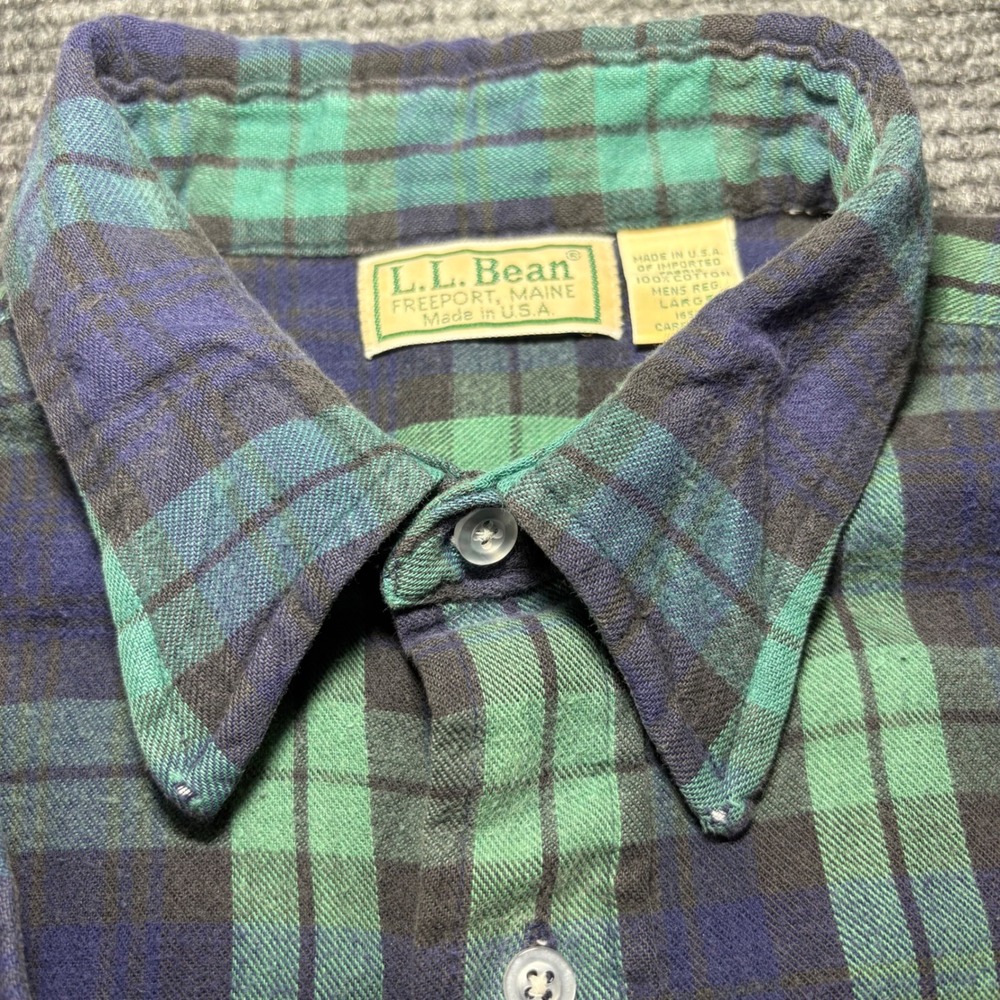 LL Bean Flannel Shirt Mens Large Green Navy Blue Plaid Cotton Made in USA 1653 - Picture 3 of 6